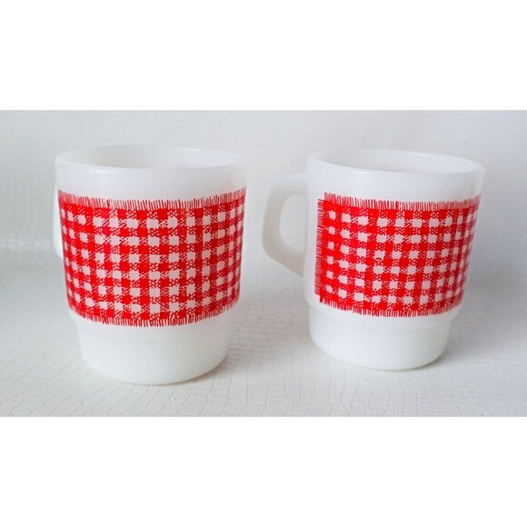 Vintage Fire King Milk Glass Mugs Red Gingham Stacking Milk Glass Fire King - Picture 3 of 6